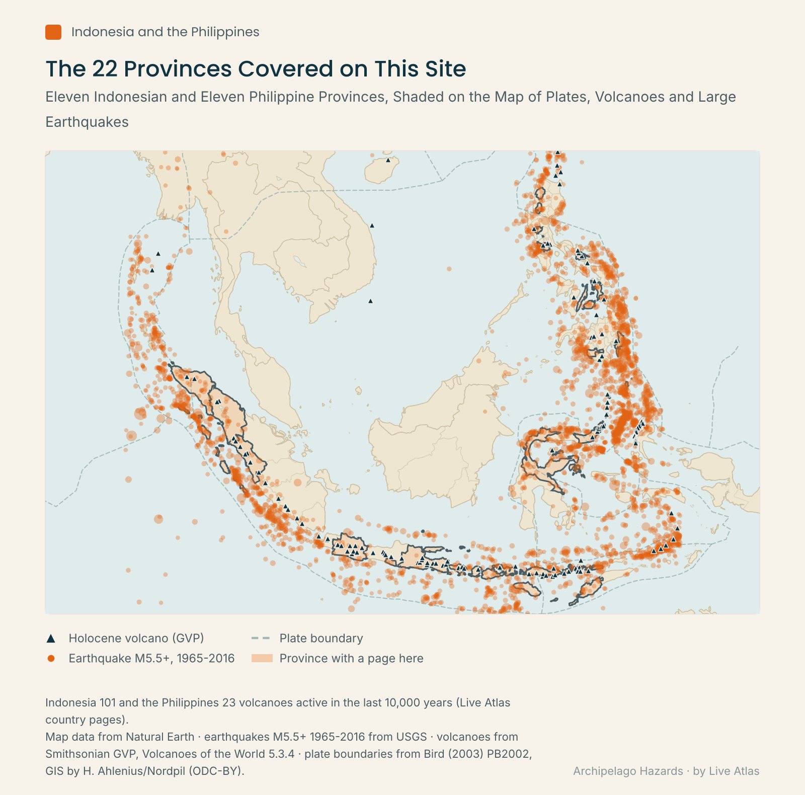 Map of Indonesia and the Philippines with the provinces covered by the site shaded over plate boundaries and large earthquakes