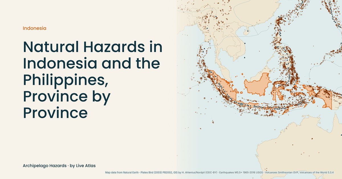 Map of Indonesia with plate boundaries, magnitude 5.5+ earthquakes since 1965, Holocene volcanoes, and the title "Natural Hazards in Indonesia and the Philippines, Province by Province"